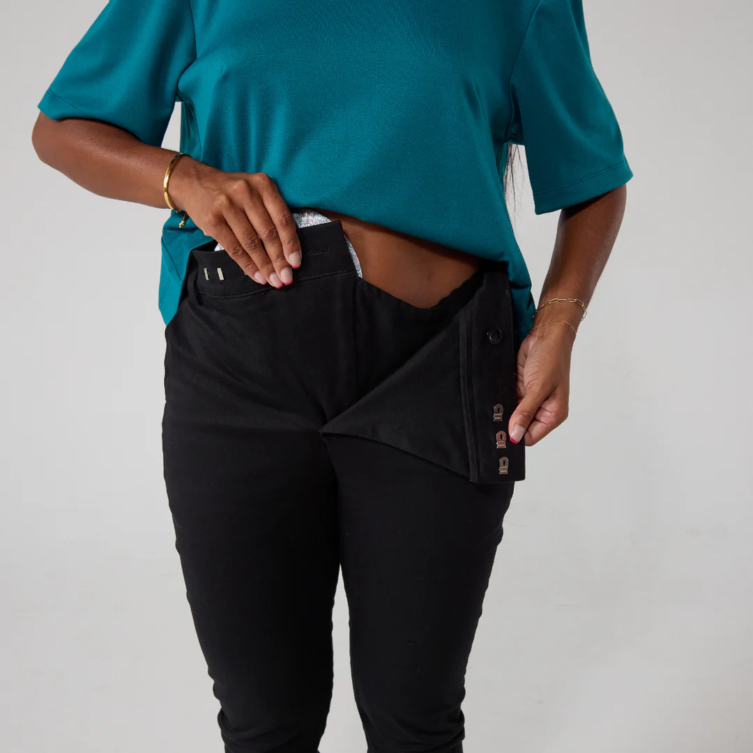 Wrap front fastening black twill trousers